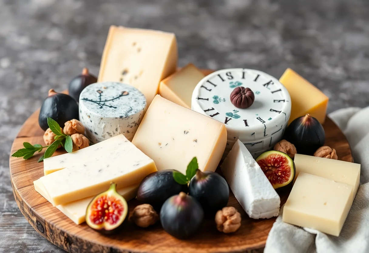 A variety of Turkish cheeses arranged beautifully on a wooden platter with figs and walnuts